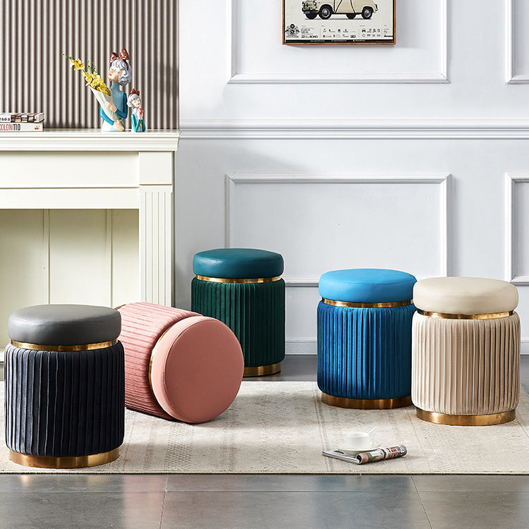 Contemporary Scandinavian Velvet Wood Stainless Steel Microfiber Leather Sponge Round Striped Vanity Stool Backless For Bedroom