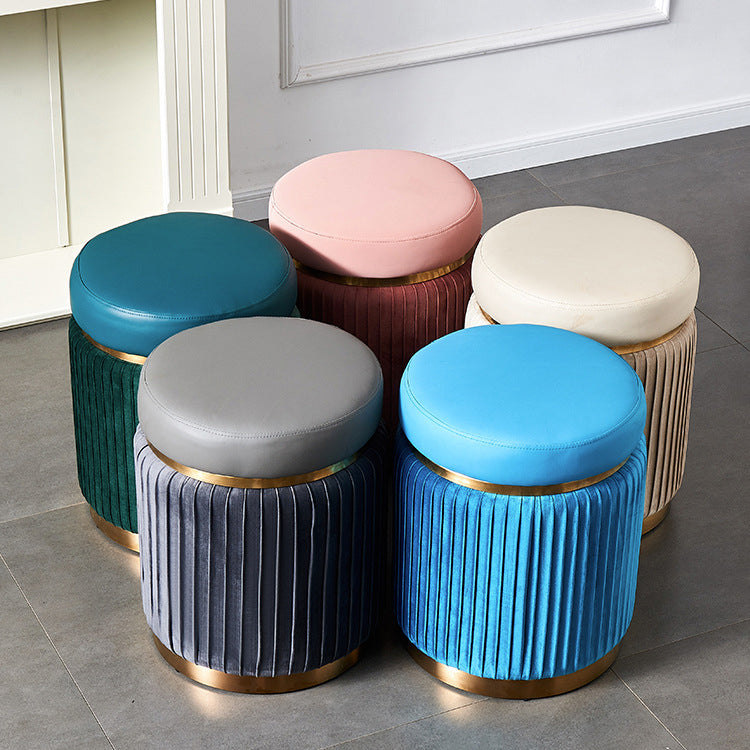 Contemporary Scandinavian Velvet Wood Stainless Steel Microfiber Leather Sponge Round Striped Vanity Stool Backless For Bedroom