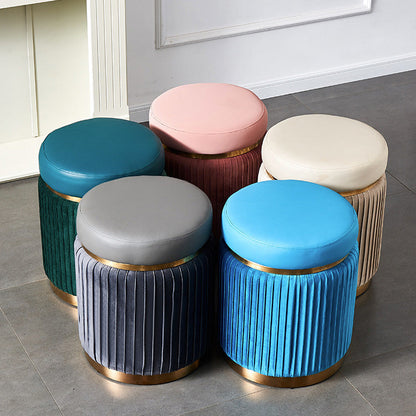 Contemporary Scandinavian Velvet Wood Stainless Steel Microfiber Leather Sponge Round Striped Vanity Stool Backless For Bedroom