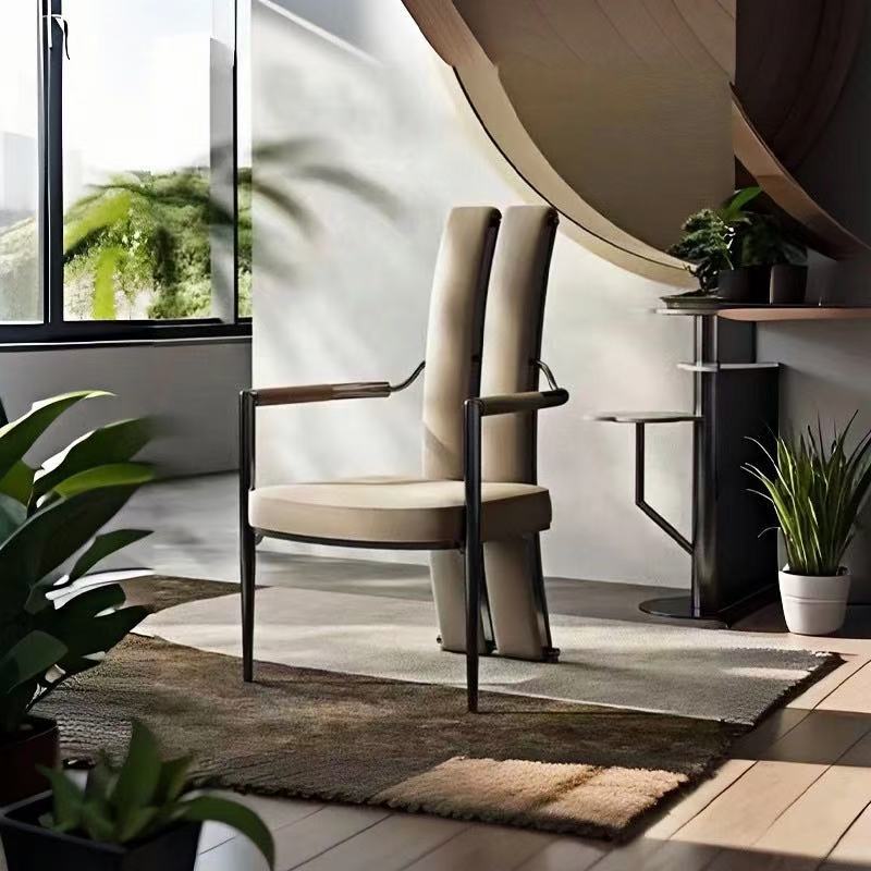 Modern Luxury Faux Leather Metal Sponge Square Strip Dovetail Dining Chair Backrest Armrest For Dining Room