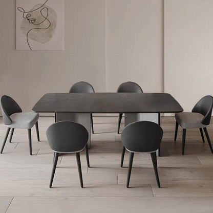 Moderner minimalistischer Esszimmerstuhl mit quadratischer, ovaler und gebogener Rückenlehne und Armlehne aus Baumwolle, Leinen, Kunstleder, Holz und Schwamm für den Essbereich 