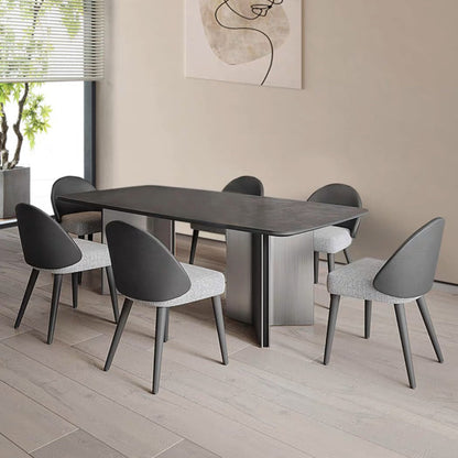 Moderner minimalistischer Esszimmerstuhl mit quadratischer, ovaler und gebogener Rückenlehne und Armlehne aus Baumwolle, Leinen, Kunstleder, Holz und Schwamm für den Essbereich 