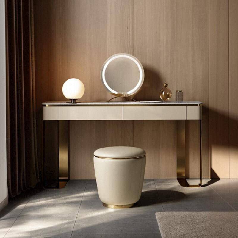 Modern Simplicity Microfiber Leather Stainless Steel Round Vanity Stool For Bedroom, Living Room, And Tea Room