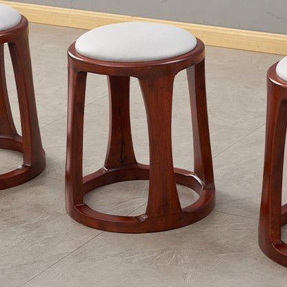 Traditional Chinese Tech Fabric & Leather Wooden Round Low Stool For Living Room And Bedroom