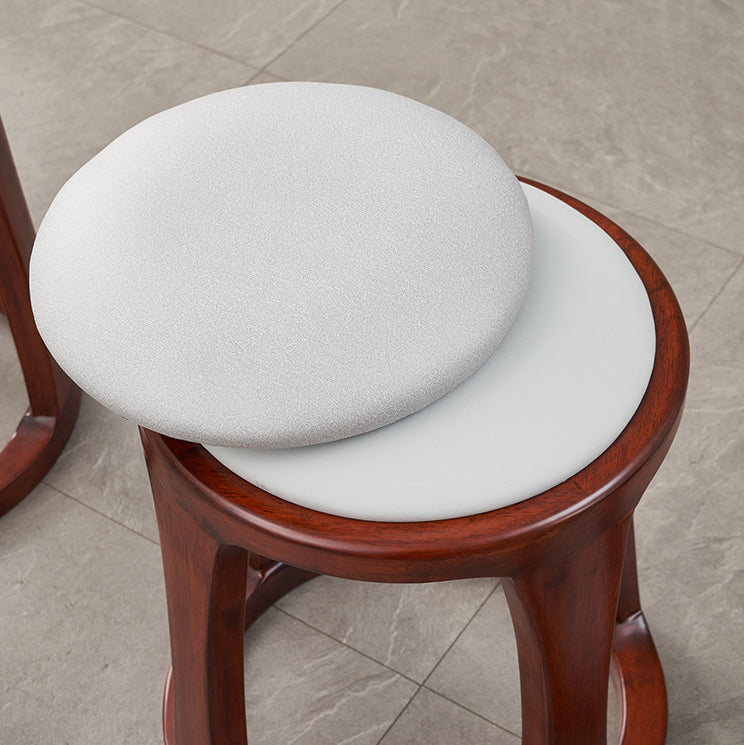 Traditional Chinese Tech Fabric & Leather Wooden Round Low Stool For Living Room And Bedroom