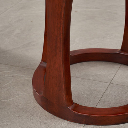 Traditional Chinese Tech Fabric & Leather Wooden Round Low Stool For Living Room And Bedroom