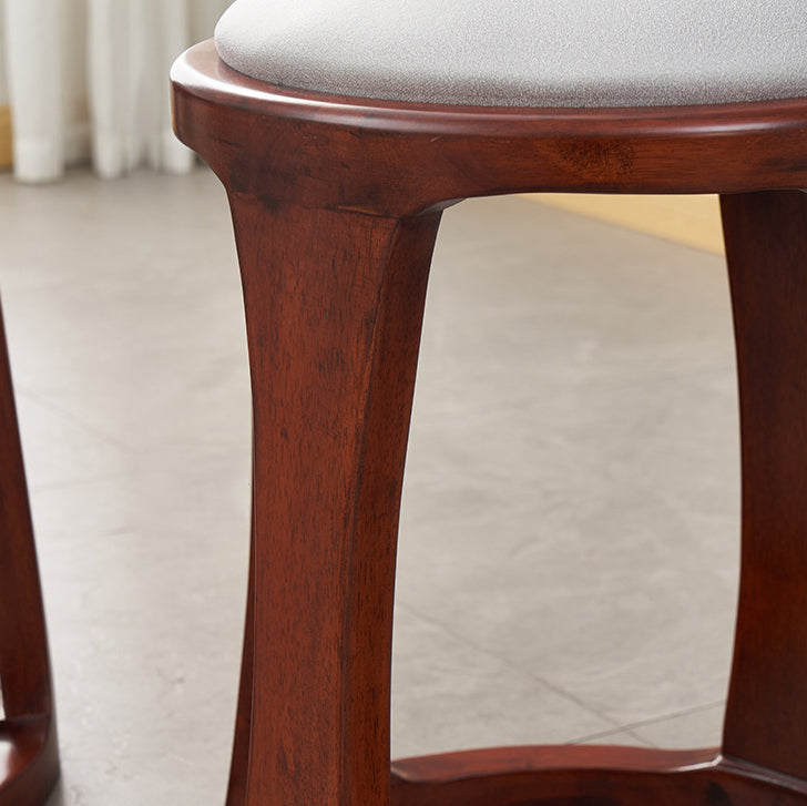 Traditional Chinese Tech Fabric & Leather Wooden Round Low Stool For Living Room And Bedroom