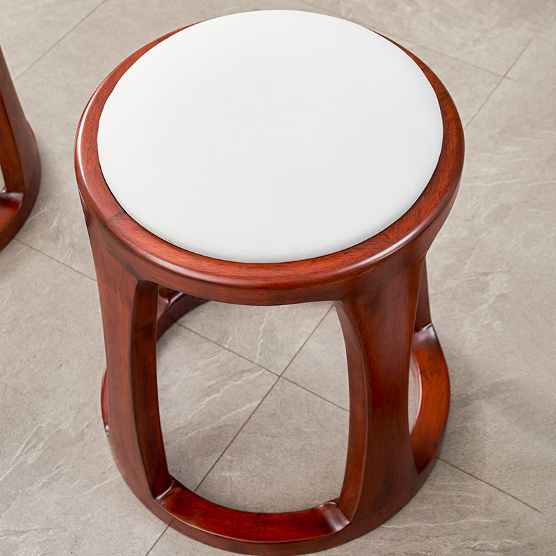 Traditional Chinese Tech Fabric & Leather Wooden Round Low Stool For Living Room And Bedroom
