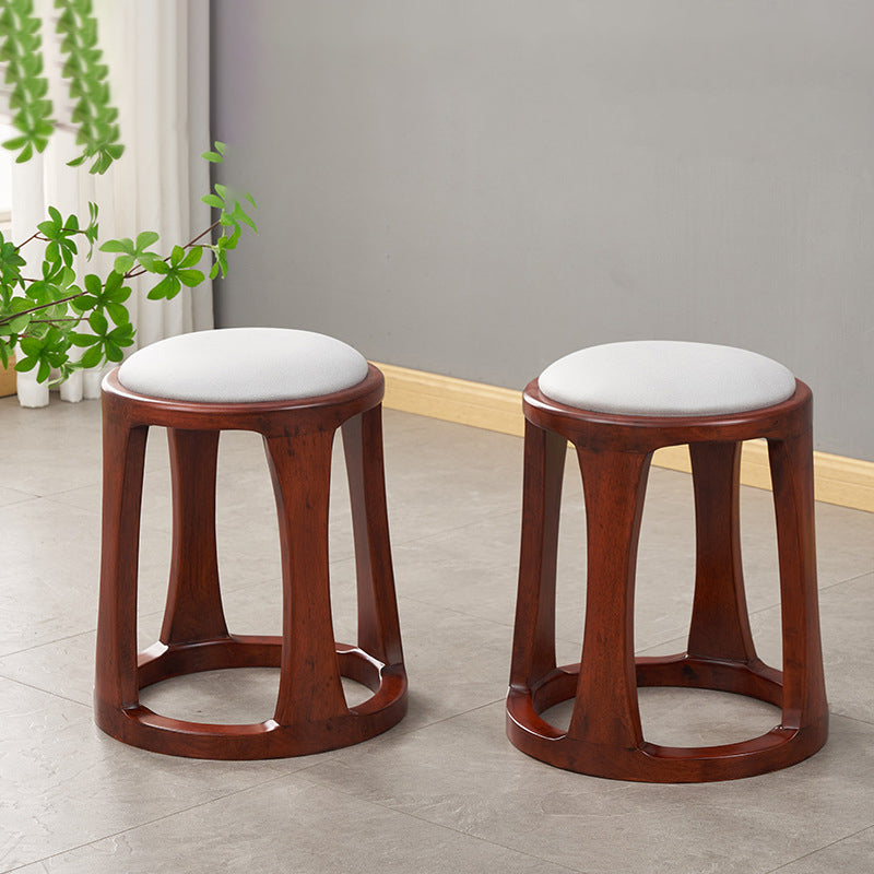 Traditional Chinese Tech Fabric & Leather Wooden Round Low Stool For Living Room And Bedroom