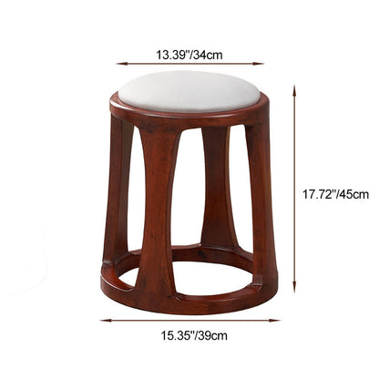 Traditional Chinese Tech Fabric & Leather Wooden Round Low Stool For Living Room And Bedroom