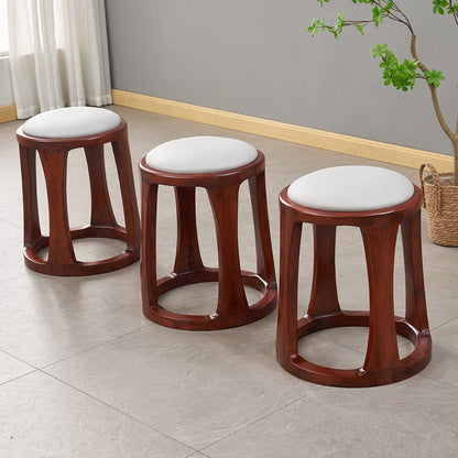 Traditional Chinese Tech Fabric & Leather Wooden Round Low Stool For Living Room And Bedroom