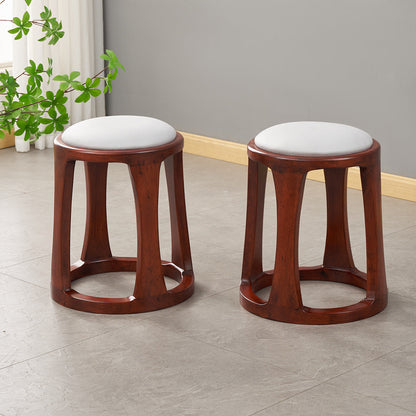 Traditional Chinese Tech Fabric & Leather Wooden Round Low Stool For Living Room And Bedroom