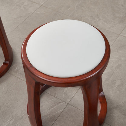 Traditional Chinese Tech Fabric & Leather Wooden Round Low Stool For Living Room And Bedroom