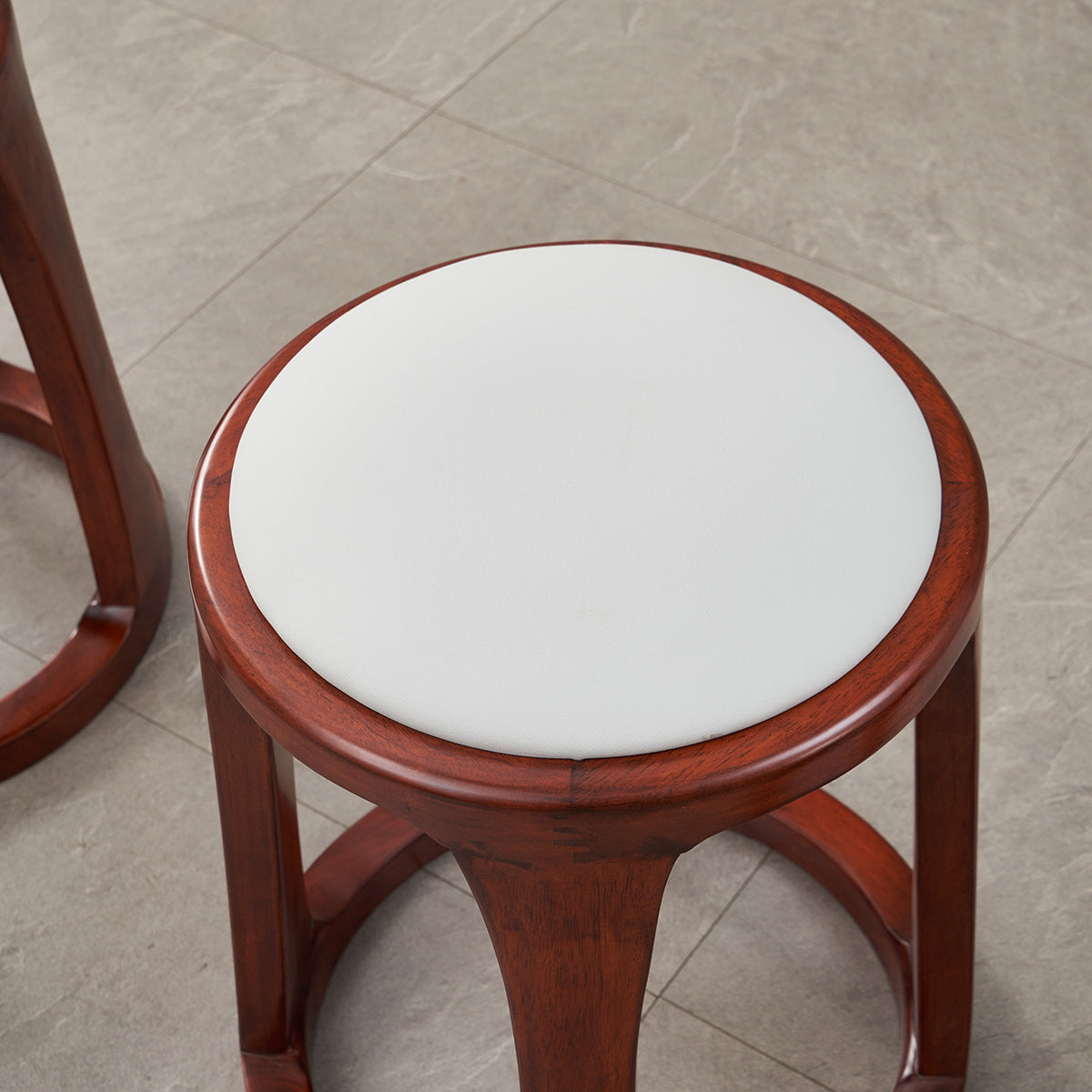 Traditional Chinese Tech Fabric & Leather Wooden Round Low Stool For Living Room And Bedroom