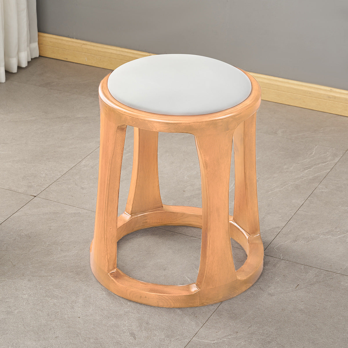 Traditional Chinese Tech Fabric & Leather Wooden Round Low Stool For Living Room And Bedroom