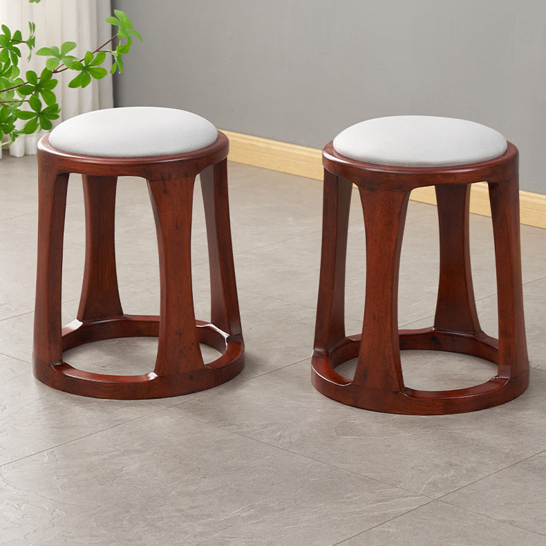 Traditional Chinese Tech Fabric & Leather Wooden Round Low Stool For Living Room And Bedroom