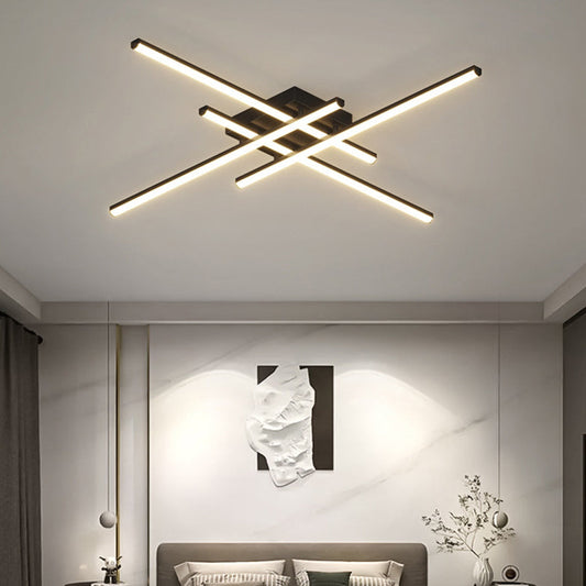 Contemporary Scandinavian Long Strip Grid Aluminum Acrylic LED Semi-Flush Mount Ceiling Light For Living Room