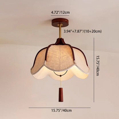 Traditional Vintage Metal Oak & Fabric Floral 1-Light Semi-Flush Mount Ceiling Light For Dining Room