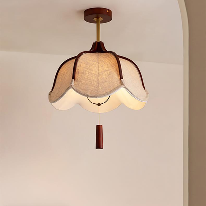 Traditional Vintage Metal Oak & Fabric Floral 1-Light Semi-Flush Mount Ceiling Light For Dining Room