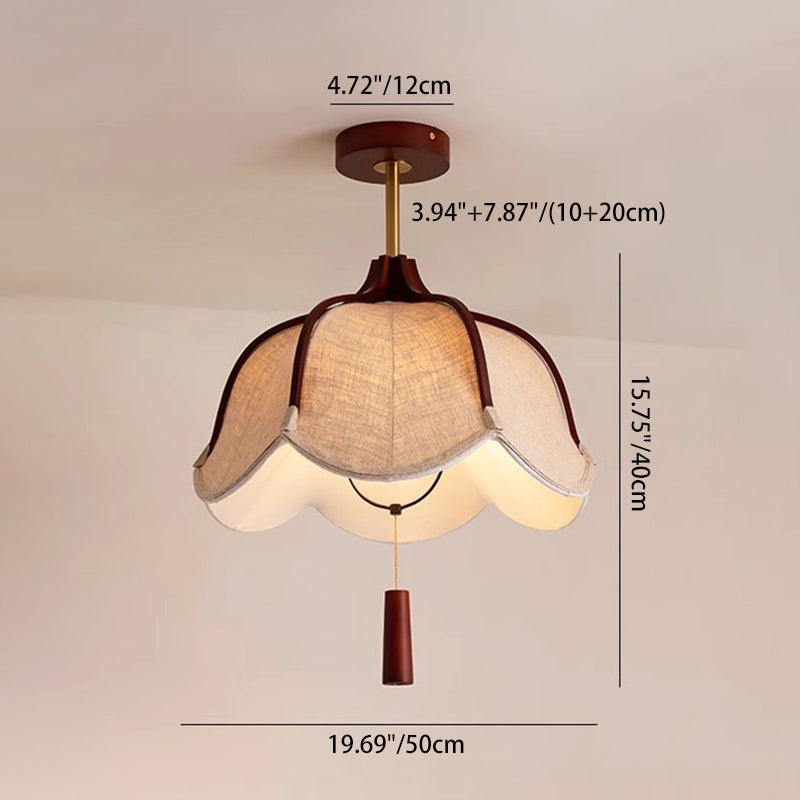 Traditional Vintage Metal Oak & Fabric Floral 1-Light Semi-Flush Mount Ceiling Light For Dining Room