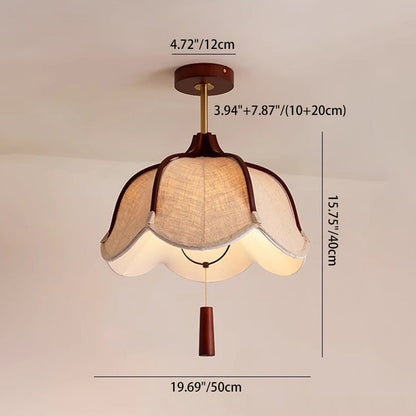Traditional Vintage Metal Oak & Fabric Floral 1-Light Semi-Flush Mount Ceiling Light For Dining Room
