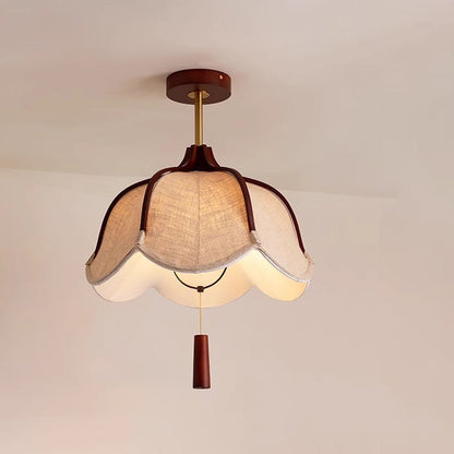 Traditional Vintage Metal Oak & Fabric Floral 1-Light Semi-Flush Mount Ceiling Light For Dining Room