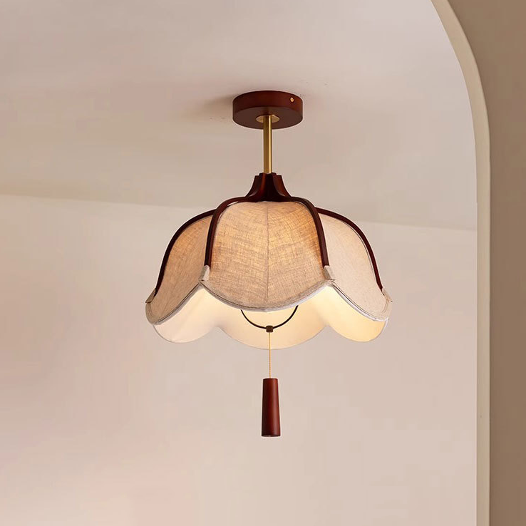 Traditional Vintage Metal Oak & Fabric Floral 1-Light Semi-Flush Mount Ceiling Light For Dining Room