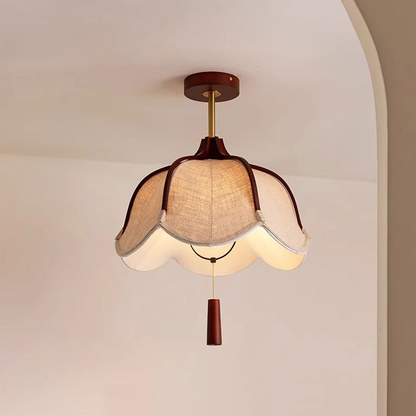 Traditional Vintage Metal Oak & Fabric Floral 1-Light Semi-Flush Mount Ceiling Light For Dining Room