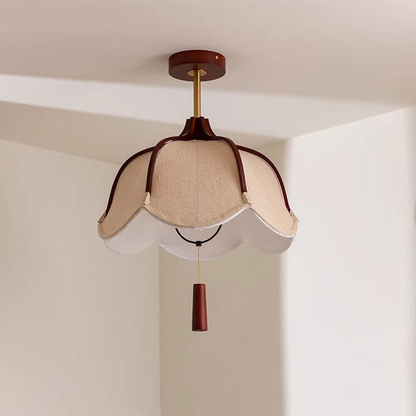 Traditional Vintage Metal Oak & Fabric Floral 1-Light Semi-Flush Mount Ceiling Light For Dining Room