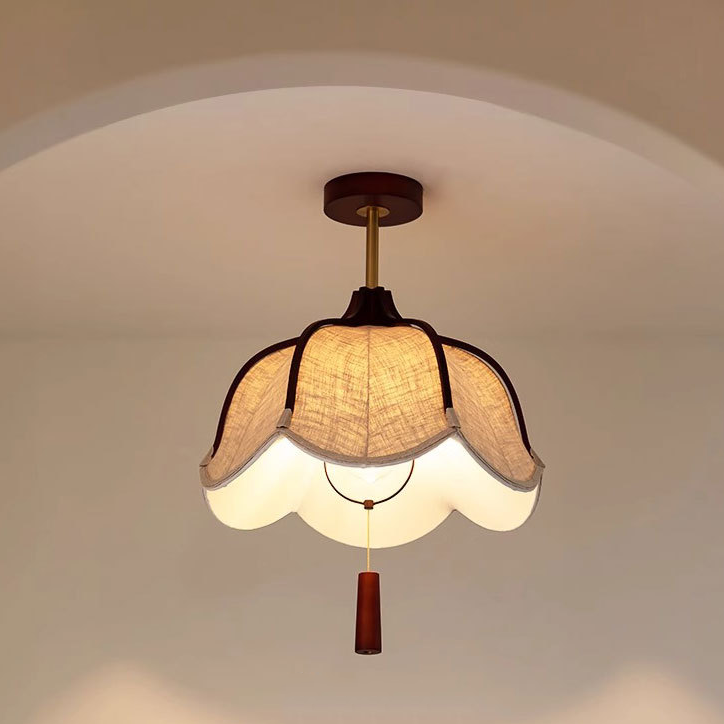Traditional Vintage Metal Oak & Fabric Floral 1-Light Semi-Flush Mount Ceiling Light For Dining Room