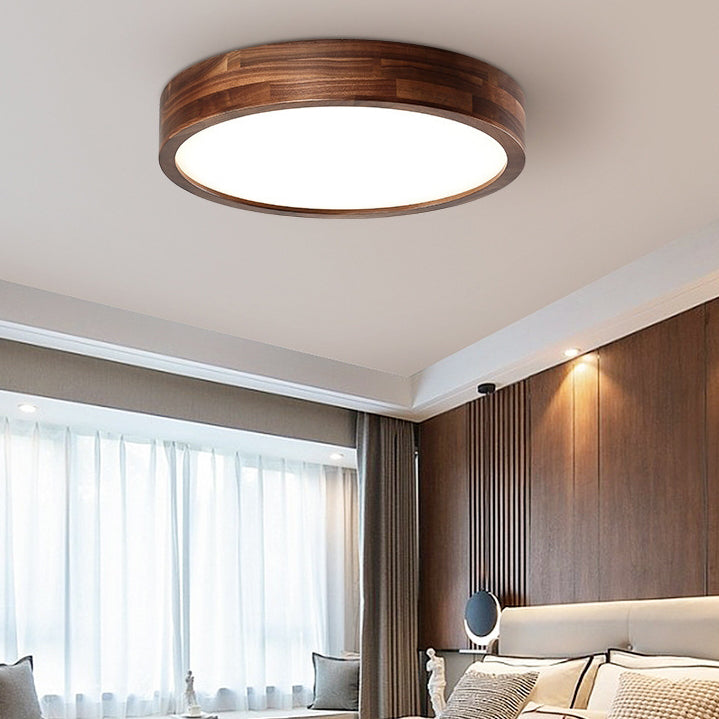 Traditional Chinese Walnut And Acrylic Round LED Flush Mount Ceiling Light For Bedroom