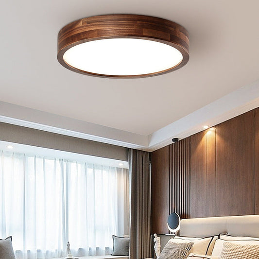 Traditional Chinese Walnut And Acrylic Round LED Flush Mount Ceiling Light For Bedroom