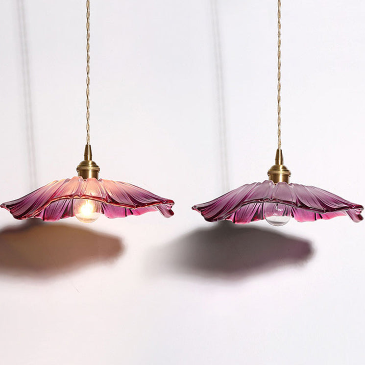 Traditional Vintage Brass & Glass Petal-Shaped Shade 1-Light Pendant Light For Bedroom & Living Room