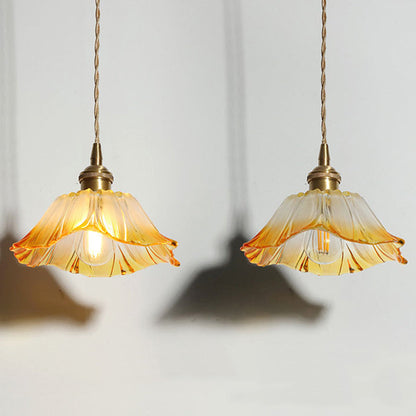 Traditional Vintage Brass & Glass Petal-Shaped Shade 1-Light Pendant Light For Bedroom & Living Room