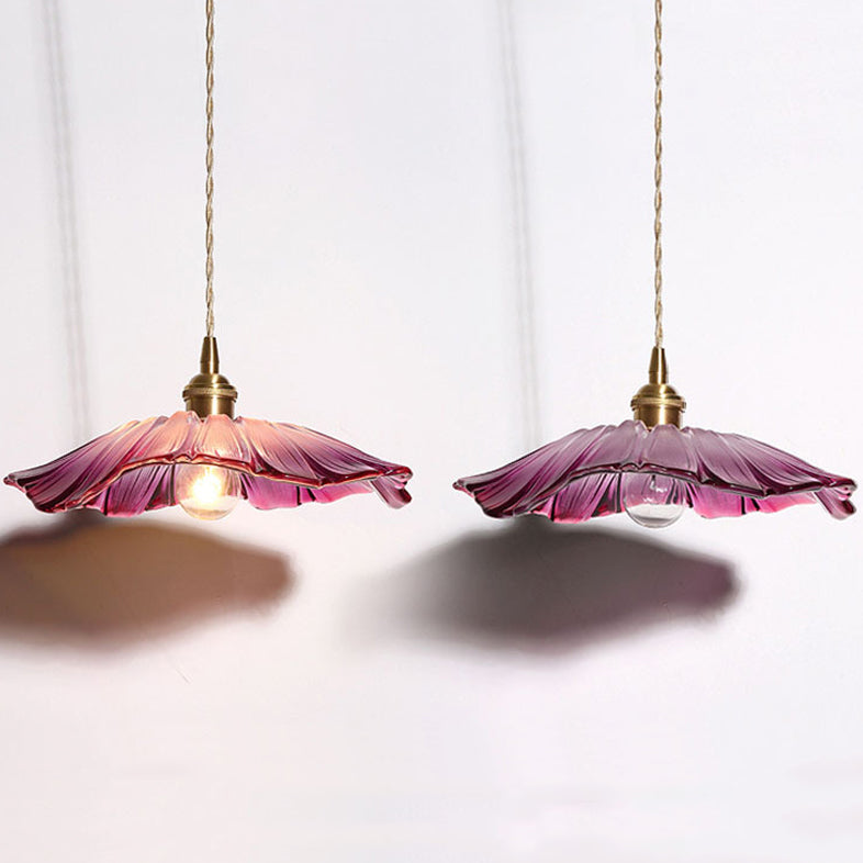 Traditional Vintage Brass & Glass Petal-Shaped Shade 1-Light Pendant Light For Bedroom & Living Room
