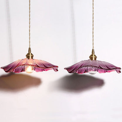 Traditional Vintage Brass & Glass Petal-Shaped Shade 1-Light Pendant Light For Bedroom & Living Room