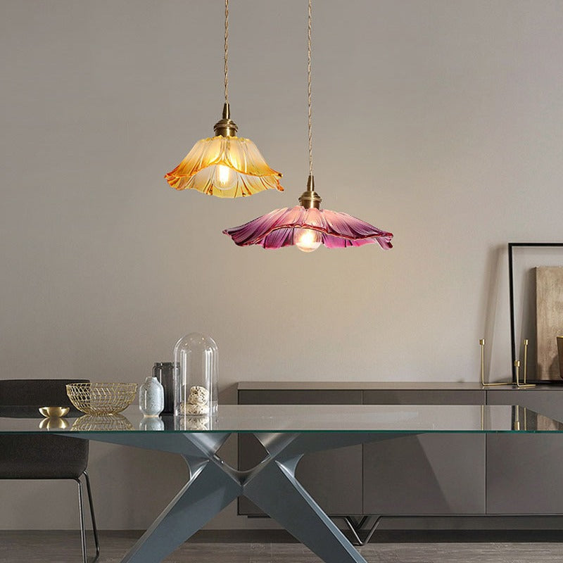 Traditional Vintage Brass & Glass Petal-Shaped Shade 1-Light Pendant Light For Bedroom & Living Room