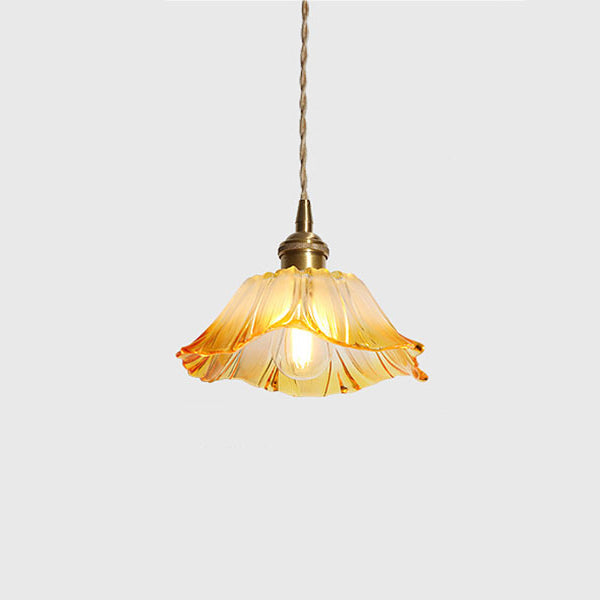 Traditional Vintage Brass & Glass Petal-Shaped Shade 1-Light Pendant Light For Bedroom & Living Room