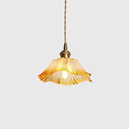 Traditional Vintage Brass & Glass Petal-Shaped Shade 1-Light Pendant Light For Bedroom & Living Room
