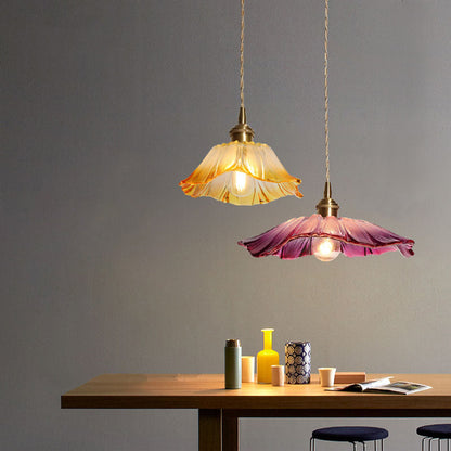 Traditional Vintage Brass & Glass Petal-Shaped Shade 1-Light Pendant Light For Bedroom & Living Room