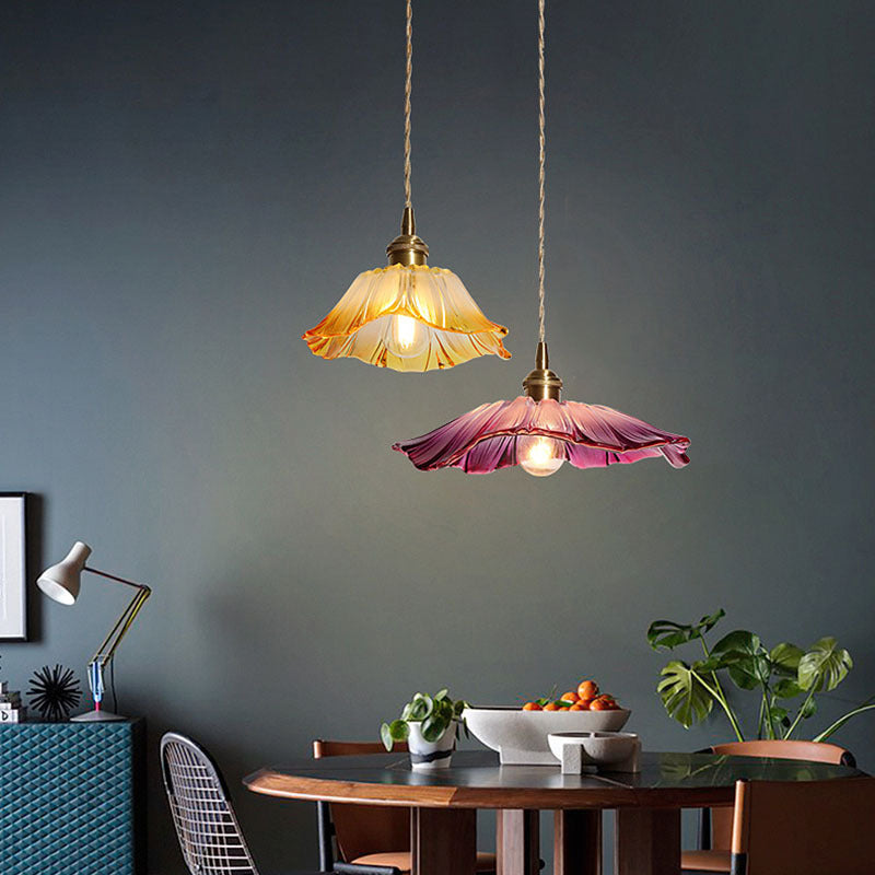 Traditional Vintage Brass & Glass Petal-Shaped Shade 1-Light Pendant Light For Bedroom & Living Room
