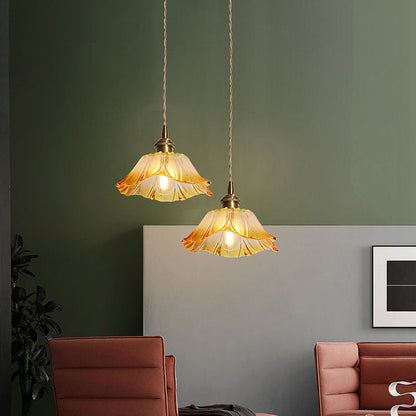 Traditional Vintage Brass & Glass Petal-Shaped Shade 1-Light Pendant Light For Bedroom & Living Room