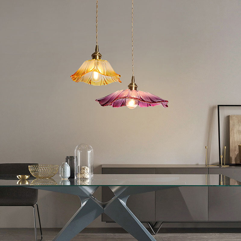 Traditional Vintage Brass & Glass Petal-Shaped Shade 1-Light Pendant Light For Bedroom & Living Room