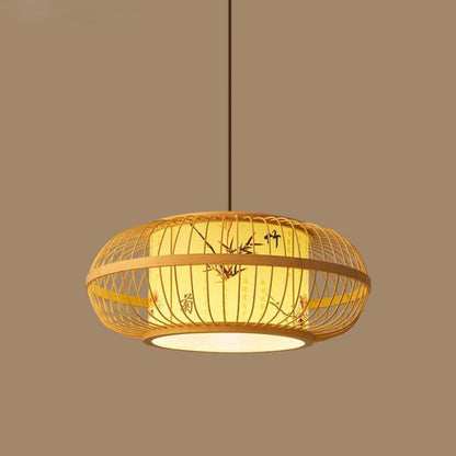 Traditional Chinese Weaving Iron Bamboo Parchment Lantern Cylinder 1-Light Pendant Light For Dining Room
