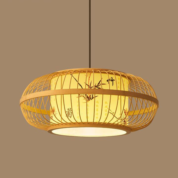 Traditional Chinese Weaving Iron Bamboo Parchment Lantern Cylinder 1-Light Pendant Light For Dining Room