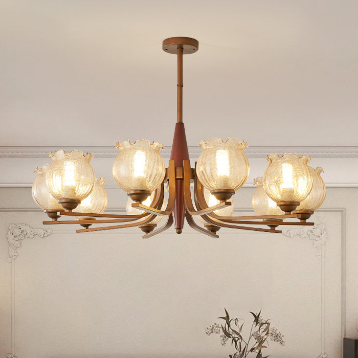 Traditional French Iron Wood Glass Crackle Floral 3/6/8/10 Light Chandeliers For Living Room
