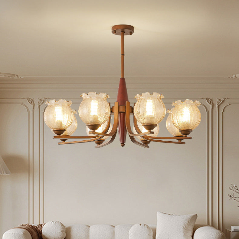 Traditional French Iron Wood Glass Crackle Floral 3/6/8/10 Light Chandeliers For Living Room