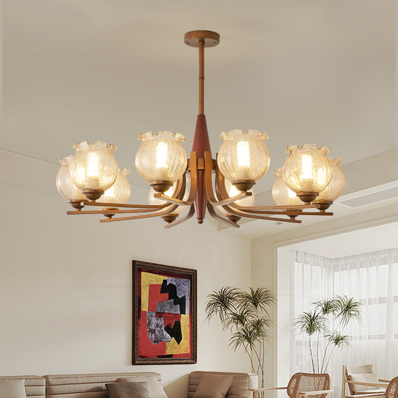 Traditional French Iron Wood Glass Crackle Floral 3/6/8/10 Light Chandeliers For Living Room