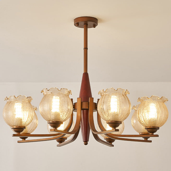 Traditional French Iron Wood Glass Crackle Floral 3/6/8/10 Light Chandeliers For Living Room