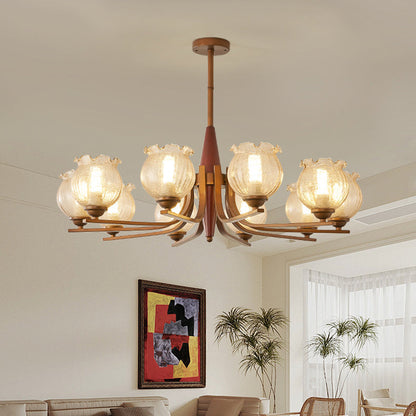 Traditional French Iron Wood Glass Crackle Floral 3/6/8/10 Light Chandeliers For Living Room